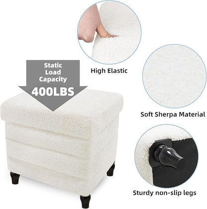 CAROLMADE Folding Storage Ottoman Cube Sherpa Footstool with Wood Legs Ottoman Footrest for Living Room and Bedroom, White 15"x12.6"x15.4"