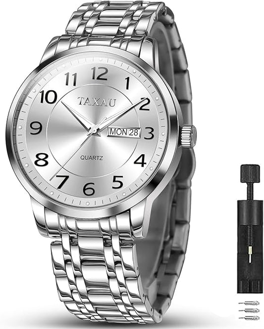 Mens Silver Watch Luxury Minimalist Dress Watch Classic Waterproof Watches for Men Analog Quartz Stainless Steel Men's Wrist Watches with Date Luminous Relojes para Hombres
