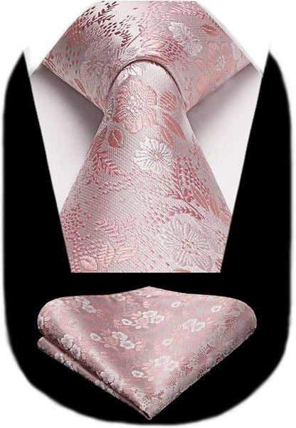HISDERN Men Floral Ties Woven Classic 3.4" Necktie Set Formal Tie Pocket Square for Wedding with Handkerchief Gift Box