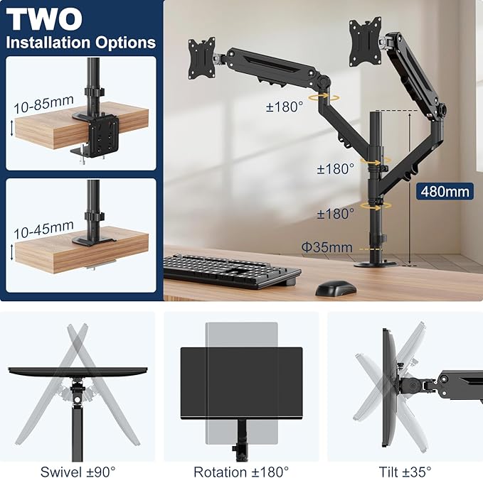 Dual Monitor Mount for 17 to 40 inches, Holds up to 26.4 lbs, Monitor Desk Arms for 2 Monitors Vertical/Parallel Placement, with Clamp/Grommet Base, VESA Mount 75/100 mm