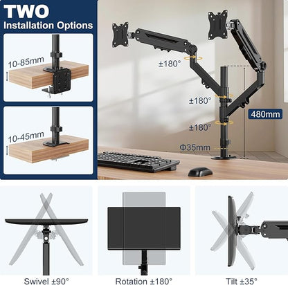 Dual Monitor Mount for 17 to 40 inches, Holds up to 26.4 lbs, Monitor Desk Arms for 2 Monitors Vertical/Parallel Placement, with Clamp/Grommet Base, VESA Mount 75/100 mm