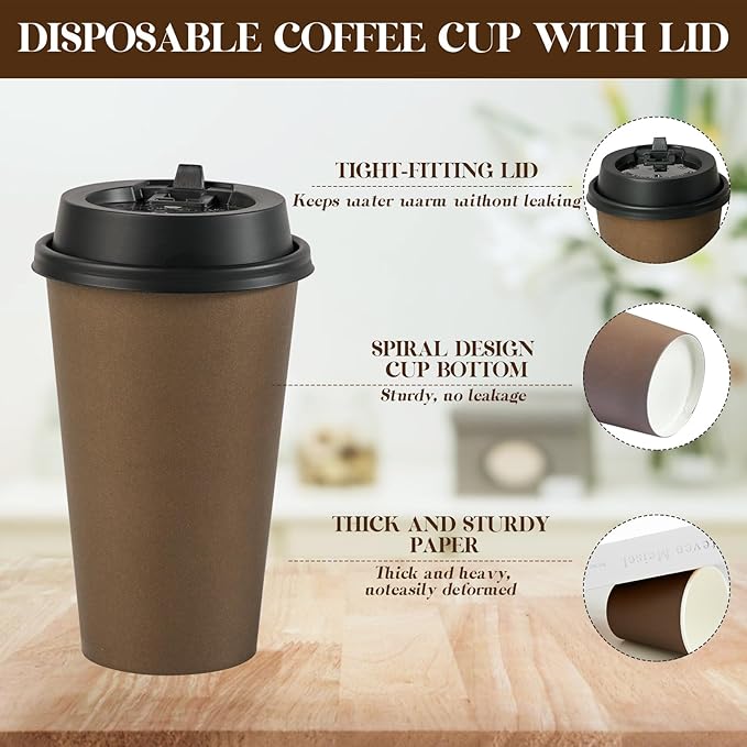 LITOPAK 100 Pack 16 oz Disposable Paper Coffee Cups with Lids for Coffee, Water, Juice, or Tea, Brown Hot Paper Cups for Home, Restaurant, Store, and Cafe
