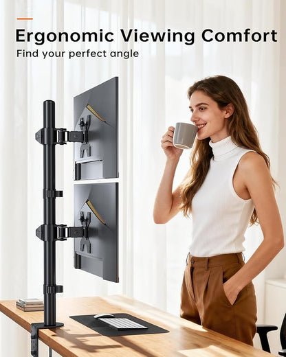 Dual Monitor Stand for 13-27'' Monitors, Vertical Stack Screen Free-Standing Monitor Riser with Swivel, Tilt, Height Adjustable, Holds One (1) Screen Up to 35Lbs, 75x75/100x100 VESA, C-Clamp