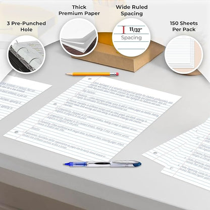 Rosmonde 1152 Pack (Pallet) Loose Leaf Paper Bulk, 172800 Sheets, Wide Ruled, 150 Sheets/Pack, 8 x 10.5", Pallet of Filler Paper, 3 Hole Punched, 56 Gsm Thick Paper, School & Office, 4-7 Days Transit
