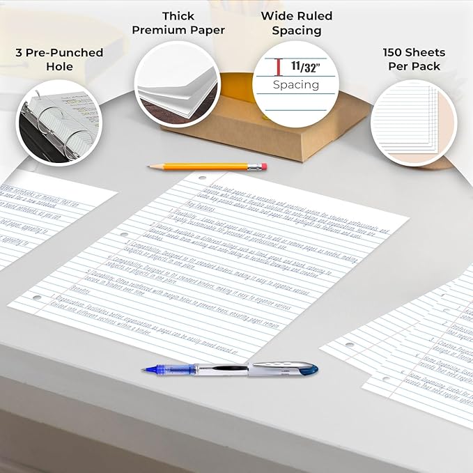 Rosmonde Loose Leaf Paper Bulk, 6750 Sheets, Wide Ruled, 8 x 10.5", Filler Papers for Office, 56 Gsm Thick Sheets, 3 Hole Punched for Binders, 45 Pack, 150 Sheets/Pack, Bulk Notebook Paper, White