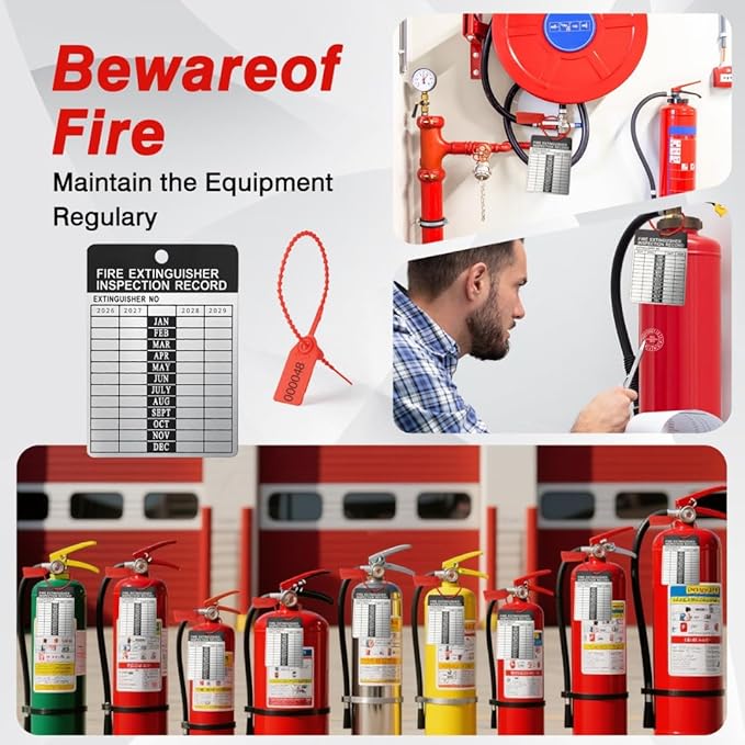 100 Sets 2026–2029 Fire Extinguisher Tags Aluminum Metal Inspection Record Tags 2.2 x 3 Inch with Hole Puncher & Numbered Security Zip Ties for Monthly Fire Extinguisher Inspection Indoor Outdoor