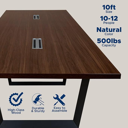 Sturdy Conference Table with Cable Management Grommets Modern Rectangle Office Meeting Table with Wood Tabletop and Metal Frame & Legs- Easy Assembly Boardroom Table (Dark Brown, 10 Foot)