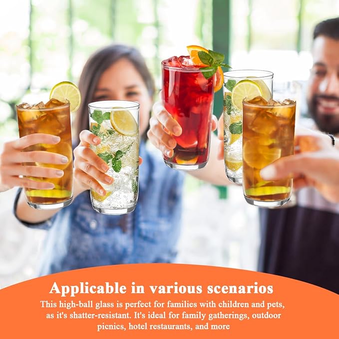 HOMQUEN 14oz Highball Glasses, 6pcs Drinking Glasses, PET Clear Plastic Water Glasses, Beer Glasses, Iced Coffee Glasses, Ideal for Cocktail, Whiskey, Soda, Tea, Water, Gift