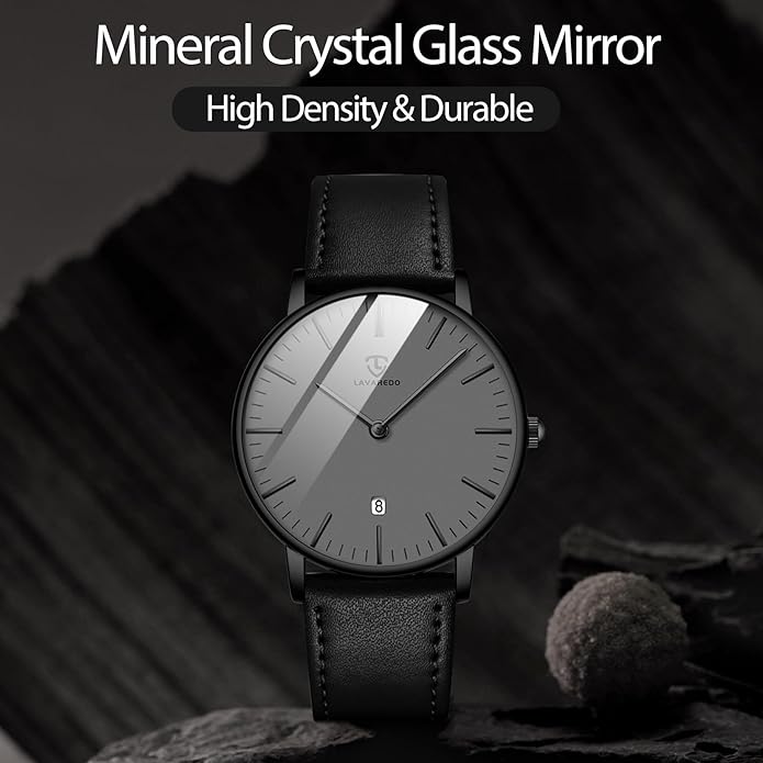 L LAVAREDO Watch for Men, Extremely Thin Mens Watches Minimalist Analog Men's Leather Wrist Watches with Time/Date, Birthday Gift for Men Boyfriend