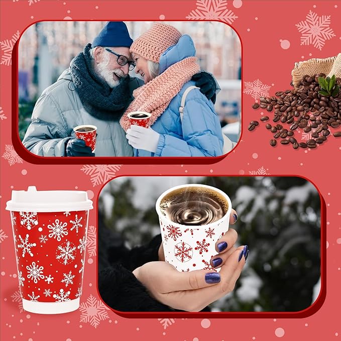 100 Count Snowflake Paper Cups 12 oz Christmas Paper Cups Disposable Red Snowflake Coffee Cups with Leak Proof Lids and and Stirrers Extra Thick Insulated Beverage Cups for Hot & Cold Liquids