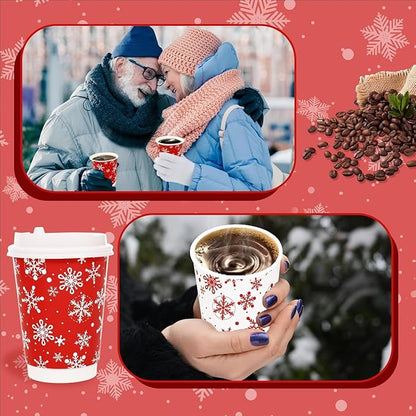 100 Count Snowflake Paper Cups 12 oz Christmas Paper Cups Disposable Red Snowflake Coffee Cups with Leak Proof Lids and and Stirrers Extra Thick Insulated Beverage Cups for Hot & Cold Liquids