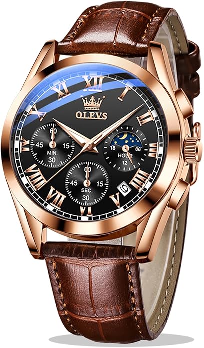 OLEVS Men's Leather Analog Quartz Watch - Luxury Chronograph Wristwatch With Date, Waterproof, Luminous - Dress Style