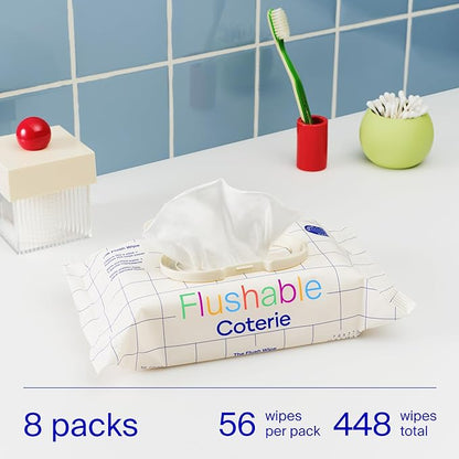 Coterie Flushable Wipes for Toddlers, Designed for Potty Training, Safe for Sensitive Skin, Hypoallergenic, 99% Water, Plant-Based, Fragrance Free, Sewer & Septic Safe, 8 Pack (448 Wipes)