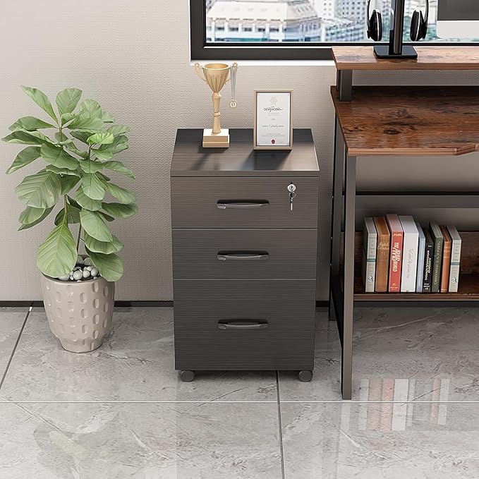 File Cabinet 3 Drawers with 1 Lock Wooden Rolling Mobile Filing Cabinet with Wheels for Home Office Under Desk File Cabinet Office Storage Cabinet, Black