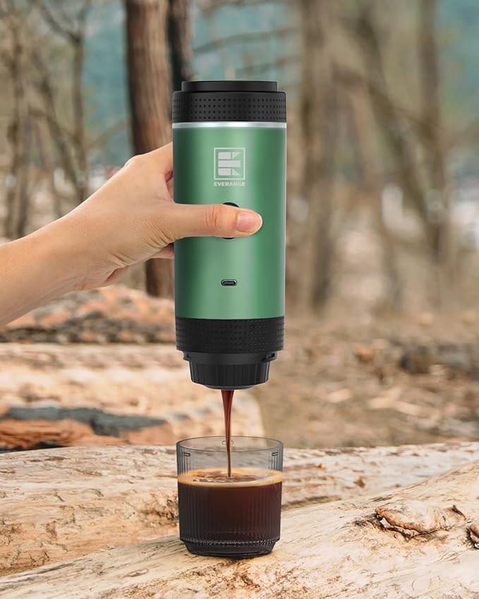 Portable Electric Espresso Machine, Car Coffee Maker for Travel Camping, Battery Powered Coffee Brewer Compatible with Ground Coffee & NS Capsules, Green