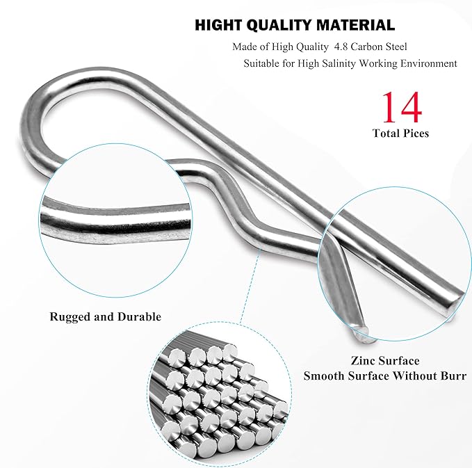 14 Pcs Heavy Duty Hitch Pins Clip R Clips Spring Retaining Wire Hair Pins Cotter Pin Strong Spring Tension Large Carter Pin R clip large for trailer Tractor Mower Carts Truck GalvanizingM3x60mm