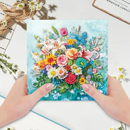 6pcs DIY Flowers Diamond Art Painting Greeting Cards Kit, Rhinestone Art Holiday Birthday Card Set with Envelopes, DIY Festival Craft for Girlfriend, Christmas Valentine Gift Making Supplies