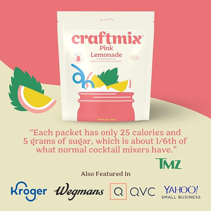 Craftmix Pink Lemonade Mix, 12 Packets, Easy Powder Drink with Real Fruit, Low-Sugar, Vegan, Low-Carb, Non-GMO, Dairy-Free, Gluten-Free, Flavored Water Enhancer, On-the-Go Water Flavoring Packets