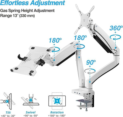 AVLT Dual 17”-43" Monitor Arm Desk Mount with 15" Laptop Tray and USB-C Docking Station, HDMI 4K60Hz, USB-A 5Gbps, Ethernet, 100W PD, Fits Two Flat/Curved Monitor - White