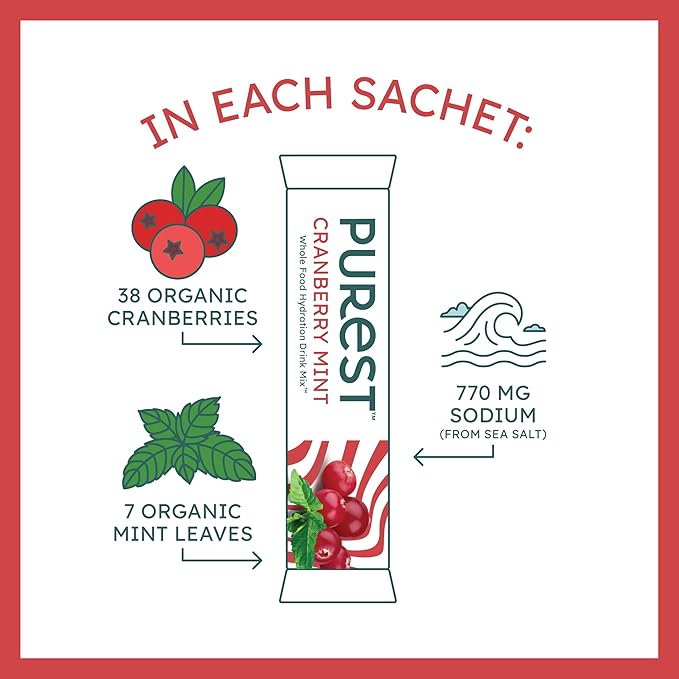 Organic Cranberry Mint Hydration Powder Packets with Solar Sea Salts & Organic Freeze-Dried Fruit for Instant Hydration, No Added Sugar Electrolytes, 26 Packets