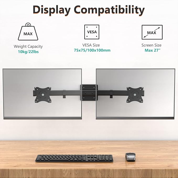WALI Dual Monitor Wall Mount, Single to Double Bracket Adapter, Horizontal Assembly Arm for 2 Screen up to 27 inch (012ARM), Black