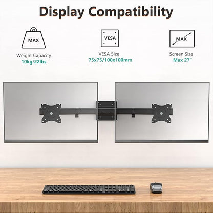 WALI Dual Monitor Wall Mount, Single to Double Bracket Adapter, Horizontal Assembly Arm for 2 Screen up to 27 inch (012ARM), Black