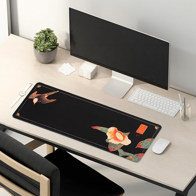 BELLEMOND Japanese Art Desk Mat | Large 31.5x11.8in Desk Pad | Mouse Pad for Keyboard & Mouse | Non-Slip Base, Water-Repellent, Smooth Precision | Camellia Silence