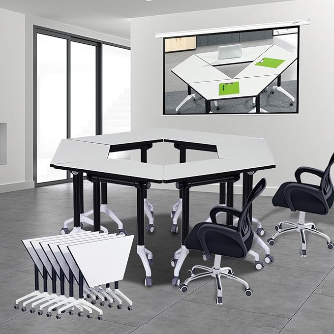 Conference Room Tables,47.2" Modern Office FoldingTraining Conference Table,Flip Top Mobile Seminar Table with Lockable Wheels,Mobile Foldable Meeting Table for Classroom Office (Trapezoid, 4 Pack)
