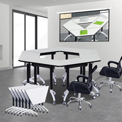 Conference Room Tables,47.2" Modern Office FoldingTraining Conference Table,Flip Top Mobile Seminar Table with Lockable Wheels,Mobile Foldable Meeting Table for Classroom Office (Trapezoid, 4 Pack)
