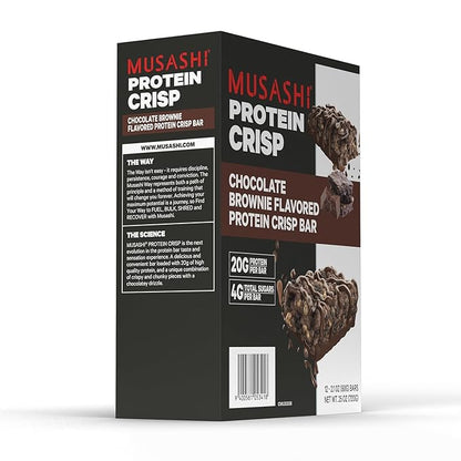MUSASHI Protein Crisp Bar, 20g Protein, 4g Total Sugars, Chocolate Brownie, Post Workout and Snack On The Go, 12 Pack of 2.1oz (60g) Bars