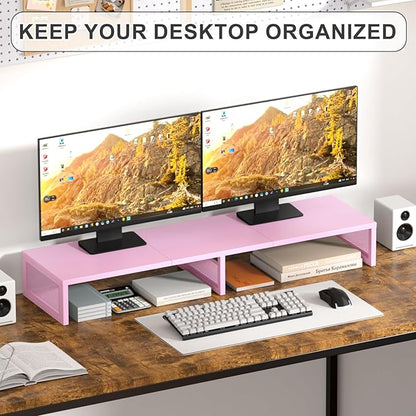 Dual Computer Monitor Stand Riser, Desk Organizers and Accessories, Printer & TV Stand, Desk Shelf, Office Desk Accessories & Desktop Workspace Organizer for Office Supplies, Pink