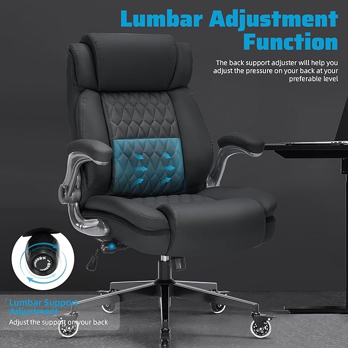 Large High Back Office Chair with Flip Arms- Executive Desk Chair with Locking Wheels, Adjustable Lumbar Support, Ergonomic Synthetic Leather Computer Chair Prevents Cats Scratching