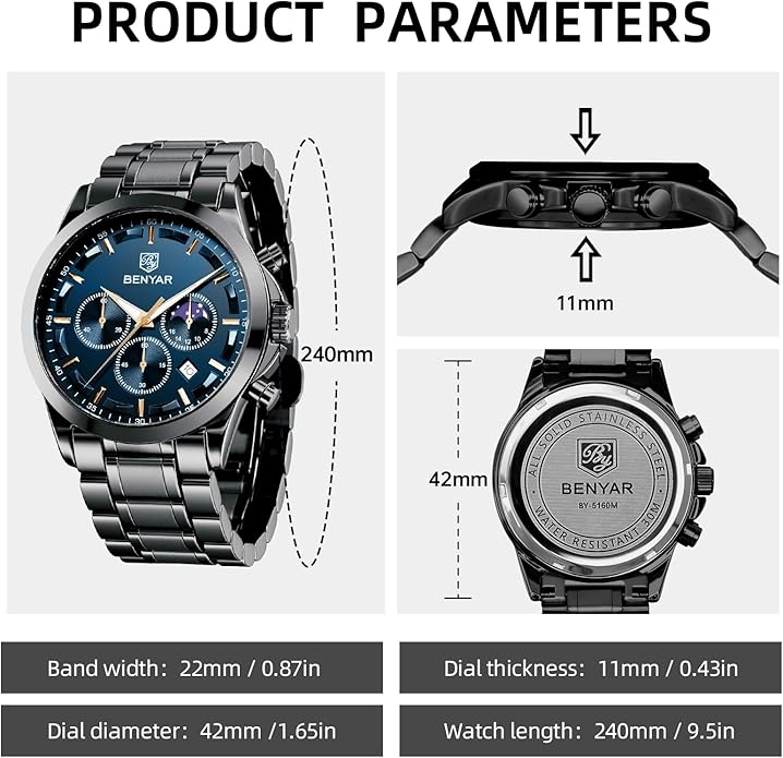BY BENYAR Mens Watches Analog Quartz Chronograph Waterproof Wrist Watches for Men Fashion Business Work Casual Sport Designer Dress Watch with Calendar Elegant Gifts for Men
