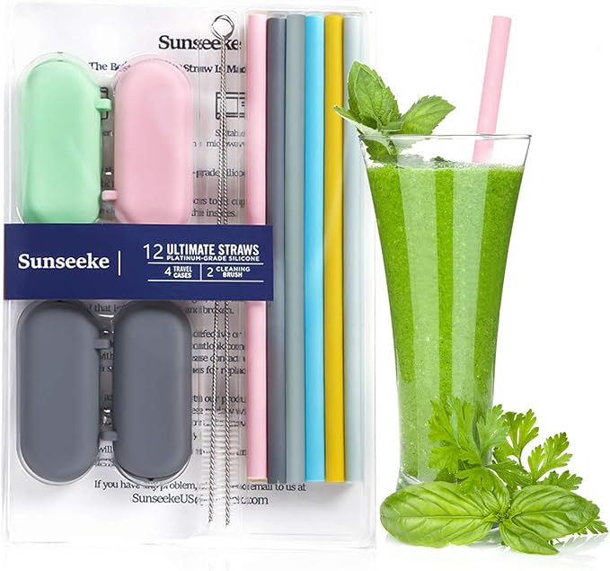 Sunseeke Silicone Straws Reusable - Odorless, 12 Standard Drinking Straws, 4 Carry Pouch, 2 Cleaning Brushes, Certificated Food Grade Platinum Silicone - 8 1/2" Long