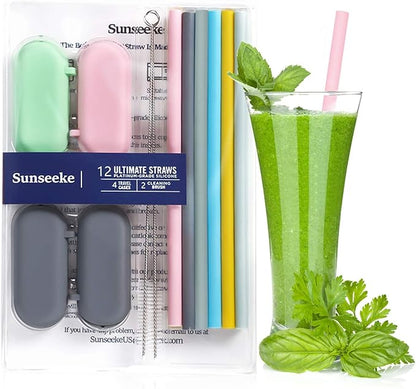 Sunseeke Silicone Straws Reusable - Odorless, 12 Standard Drinking Straws, 4 Carry Pouch, 2 Cleaning Brushes, Certificated Food Grade Platinum Silicone - 8 1/2" Long