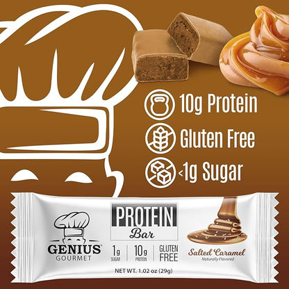 Genius Gourmet Protein Bar, Salted Caramel Keto Snack, Low Carb, Low Sugar & Gluten Free, Protein Snacks for Adults, 10G of Whey Protein per Protein Bar, 5 Net Carbs, 20 Count