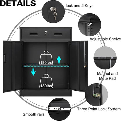 Metal Storage Cabinet, Locking Cabinet with One Drawer and Adjustable Shelf, 36.2" H x 28" W x 16" D Steel Storage Cabinet for Office, Garage, Home-Black