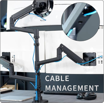 VIVO Pneumatic Arm Triple Ultrawide Monitor Extra Tall Desk Mount for Up to 49 inch Screens, Heavy Duty Clamp, Holds 3 Ultra Wides Up to 44 lbs, Black, STAND-V300D