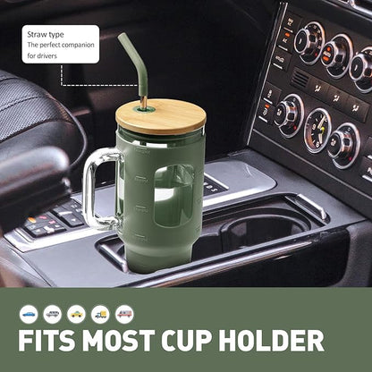 Glass Tumbler with Straw and Lid, 40 oz glass cup with handle, Glass Water Bottles with Time Marker, Silicone Protective Sleeve-Olive