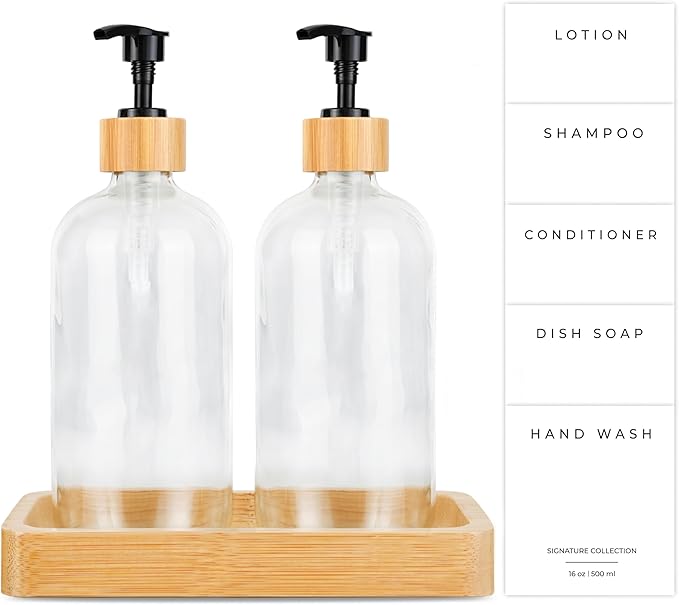 Emerson Essentials Soap Dispenser, Dish Soap Dispenser for kitchen, Hand Soap Dispenser Bathroom, Kitchen Soap Dispenser Set | Glass Hand Soap and Lotion Set for Bathroom, 16 Oz, Bamboo Tray, Set of 2