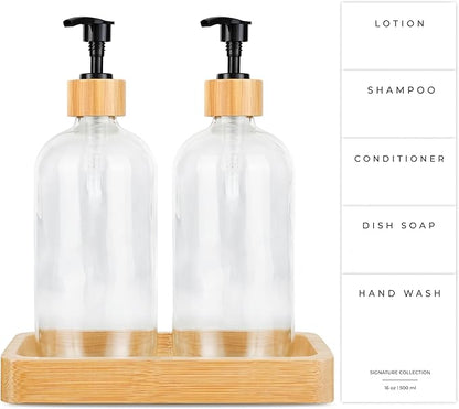 Emerson Essentials Soap Dispenser, Dish Soap Dispenser for kitchen, Hand Soap Dispenser Bathroom, Kitchen Soap Dispenser Set | Glass Hand Soap and Lotion Set for Bathroom, 16 Oz, Bamboo Tray, Set of 2