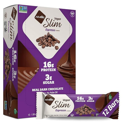 NuGo Slim Dark Chocolate Espresso, 16g Vegan Protein, 3g Sugar, 7g Fiber, 170 Calories, Low Net Carbs, Gluten Free, 12 Count