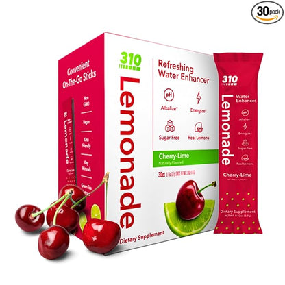 310 Nutrition Electrolyte Lemonade Powder No Sugar - Cherry Lime Water Flavoring Packets - Hydration & Energy Drink Mix - Low Calorie Water Enhancer - 30 Singles - Made in The USA