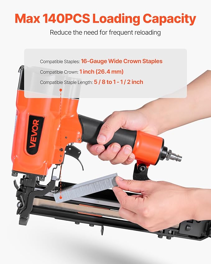 VEVOR Pneumatic Staple Gun, 16 Gauge 1-inch Wide Crown Pneumatic Stapler 5/8" to 1-1/2" Length, 70-120PSI Air Staple Gun with Two Firing Modes for Roof Decking, Wall Sheathing, Fencing, Subflooring