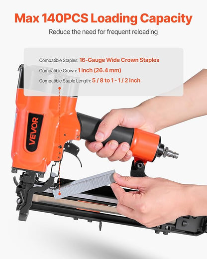 VEVOR Pneumatic Staple Gun, 16 Gauge 1-inch Wide Crown Pneumatic Stapler 5/8" to 1-1/2" Length, 70-120PSI Air Staple Gun with Two Firing Modes for Roof Decking, Wall Sheathing, Fencing, Subflooring