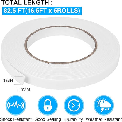 Double Sided Foam Tape 0.5In x 16.5FT 5 Pack, Mounting Tape Heavy Duty, Strong Adhesive Weatherproof Seal Strips for DIY Craft Picture Poster, Car & Gap Filling Mountings, Home Office Decor (White)