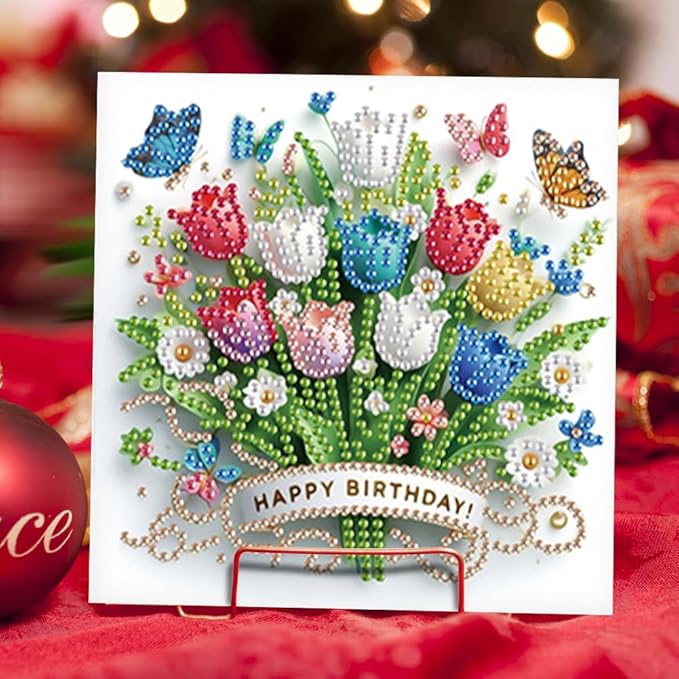 6PCS Diamond Art Painting Greeting Card Set, Bouquet Pattern DIY Cards with Envelopes for Xmas Birthdays Special Occasion Blessing