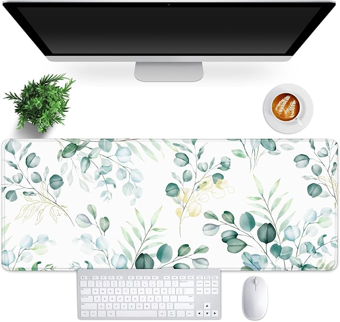 Gaming Mouse Pad for Computer,Large Mouse Pads for Desk Keyboard, Eucalyptus Plant Desk Mat Laptop,Cute Green Pattern Art XXL Waterproof Keyboard Pad,Extended Big Non-Slip Rubber Mousepad