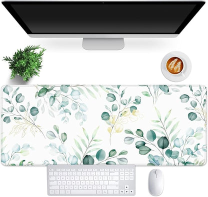 Gaming Mouse Pad for Computer,Large Mouse Pads for Desk Keyboard, Eucalyptus Plant Desk Mat Laptop,Cute Green Pattern Art XXL Waterproof Keyboard Pad,Extended Big Non-Slip Rubber Mousepad