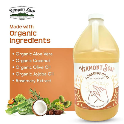 VERMONT SOAP Organic Lemongrass Zen Foaming Hand Soap - Natural Moisturizing Soap for Dry Skin - Fragrance Free Liquid Bathroom Hand Soap - Lemongrass Zen - 64 oz